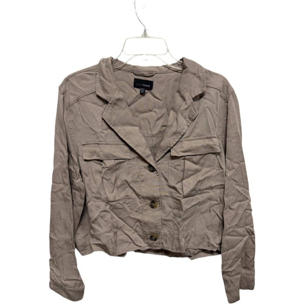 Lucy Paris Beige Cropped Utility Jacket Button Closure Y2K Vibes Size large